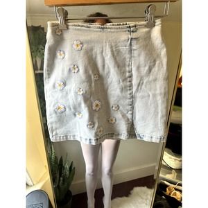 embroidered denim mini skirt